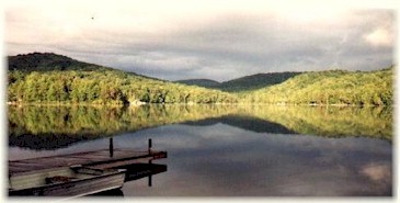 Morning VIEW from our dock on Eagle Crag Lake in the Adirondacks.